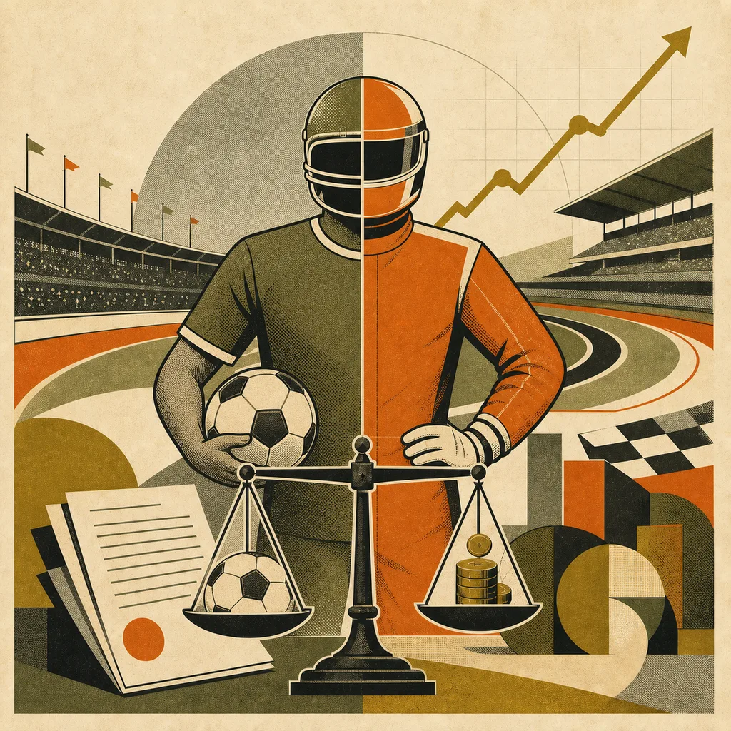Illustrazione rétro di un calciatore e un pilota divisi a metà davanti a una bilancia con pallone e monete